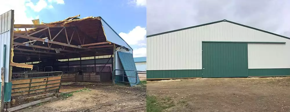 combined image showing significant structural damage to a building and the repair job